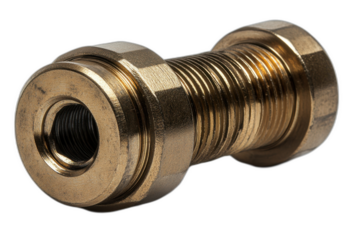 Brass threaded fitting with hexagonal shape, designed for secure attachment. Isolated on transparent background.