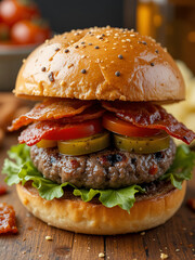 Gourmet Burger with Heirloom Tomatoes and House Pickles and Bacon