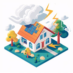 Isometric illustration of lightning strike hitting house with solar panels during storm with dark clouds and trees
