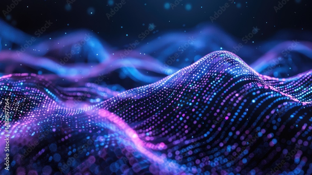 Poster abstract picture micro light sparkling particle represent data flow vivid flowing wave with high tec