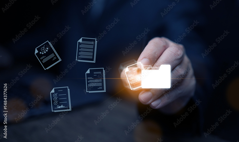 Poster document management system concept. a man drags and drops files into dms software to store, share, t