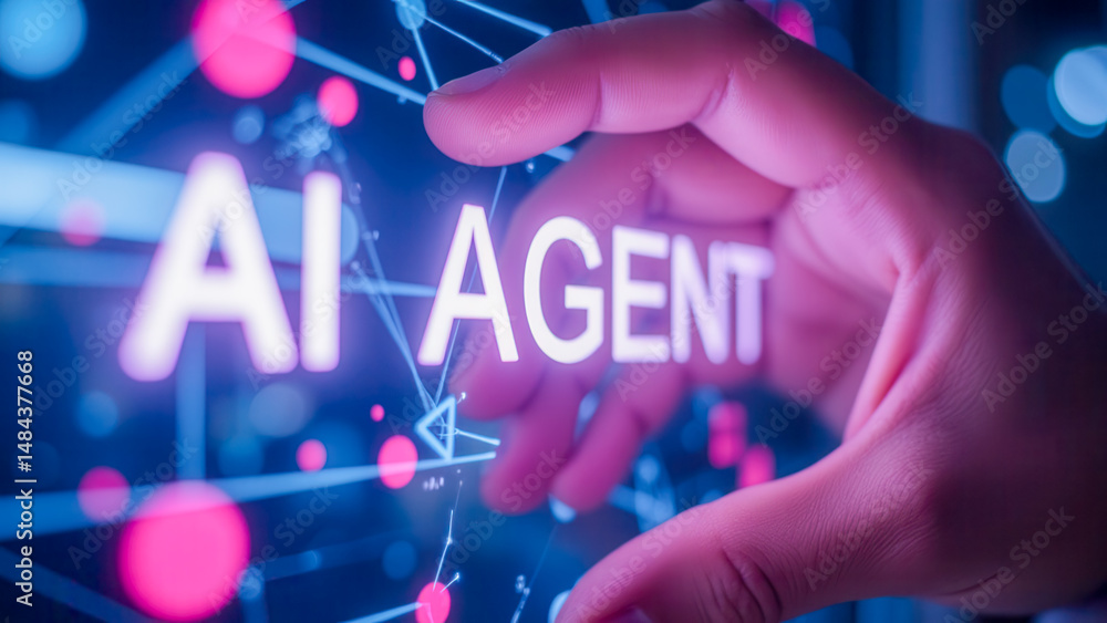 Aufkleber hand interacting with ai agent interface in futuristic digital environment