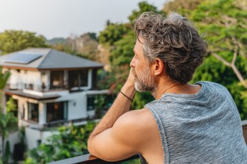 A man with gray hair contemplates while looking at a modern house surrounded by lush greenery.