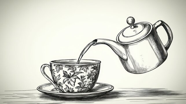 Antique tea sketch hand-drawn illustration of teapot pouring bev