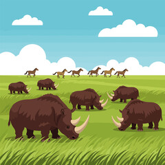 Rhinos and Horses Grazing in Green Field Under Blue Sky