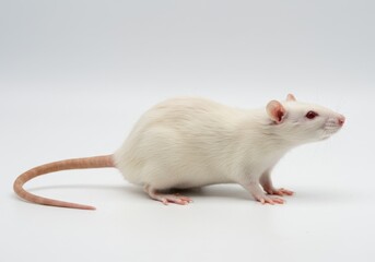 A white rat stands in profile against a clean white background in the studio