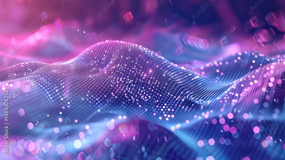 Poster abstract picture micro light sparkling particle represent data flow vivid flowing wave with high tec