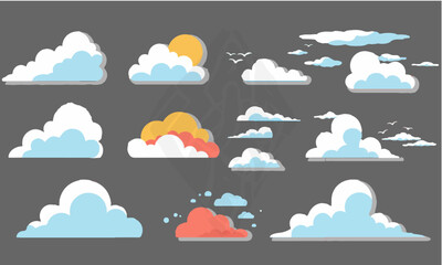 Fototapeta premium A set of diverse cloud illustrations including the sun and birds, featuring various shapes and colors in a flat, modern style, perfect for adding sky and weather elements to designs.