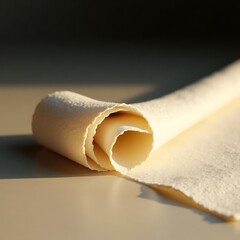 Close up of rolled parchment paper for calligraphy art and design textured surface with soft natural light 