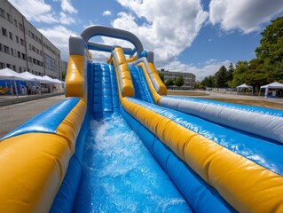 Vibrant Water Slide Attraction with Bright Blue and Yellow Colors on a Sunny Day