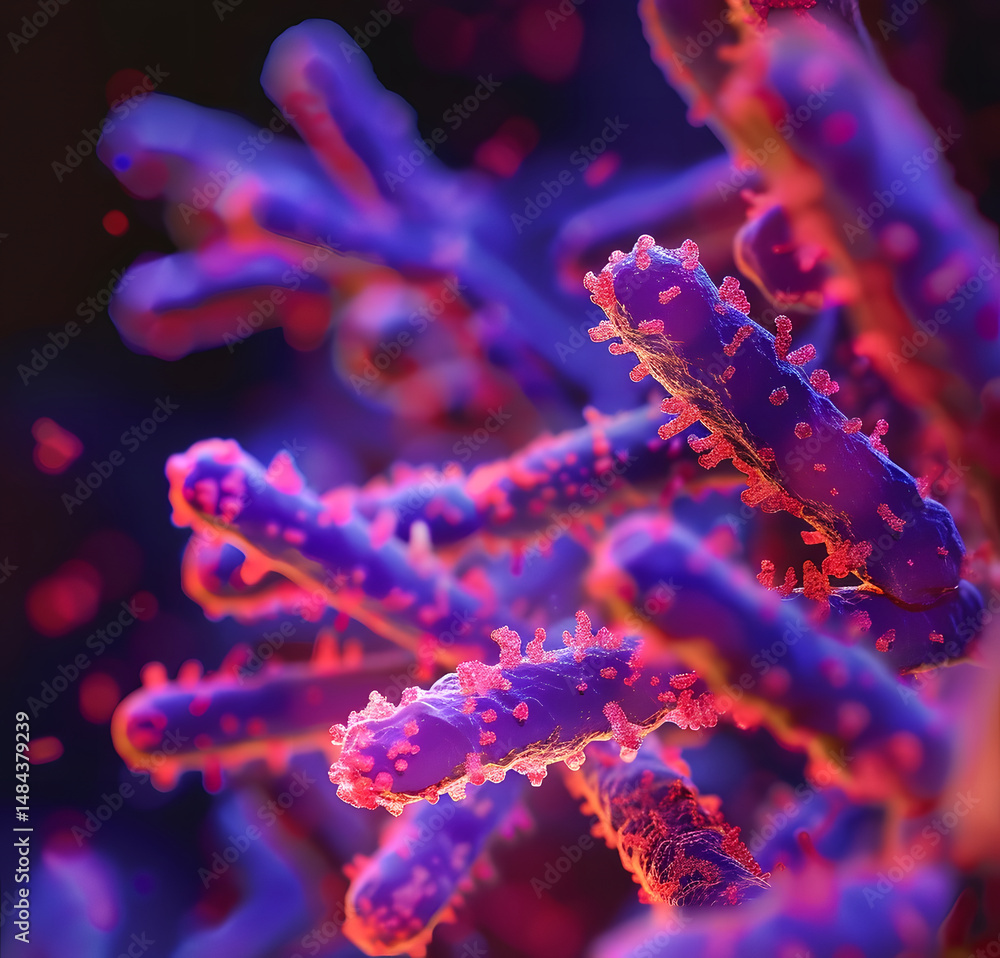 Poster dynamic neon microbes: swirling abstract patterns of microscopic life