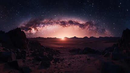 Milky way sunrise over desert landscape