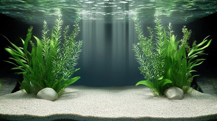 The realistic underwater view of an udomsup top aquarium showcases the water clarity, filtered sunlight, plants, and sand with realistic photography copy.
