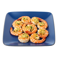 Delicious shrimp platter with stuffed shrimp on a blue plate, perfect for seafood lovers