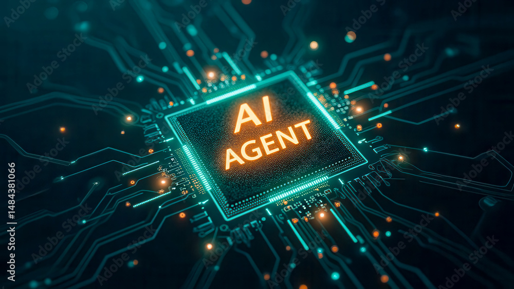 Poster close-up view of ai agent chip surrounded by circuit board connections and lights