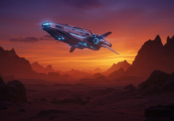 Spaceship flying over desert at sunset.