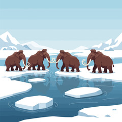 Mammoths Walking Across Ice Floes in Arctic Landscape Illustration