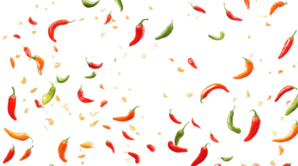 flying chili peppers on white background