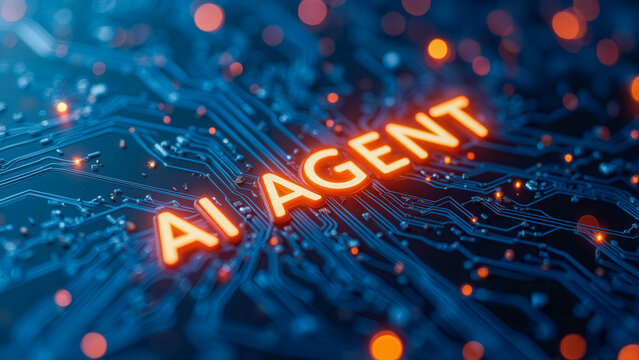 Futuristic Concept of AI Agent with Circuit Board Background in Blue and Orange Light