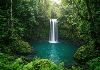 Waterfall flowing through lush jungle foliage.