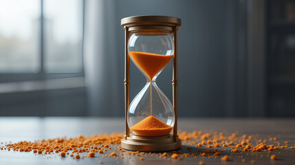 An elegant hourglass filled with orange sand, representing the passage of time in a serene and minimalist setting.