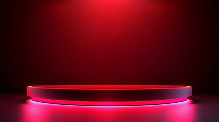 Empty red neon light stage with glowing platform for product display or futuristic presentation template