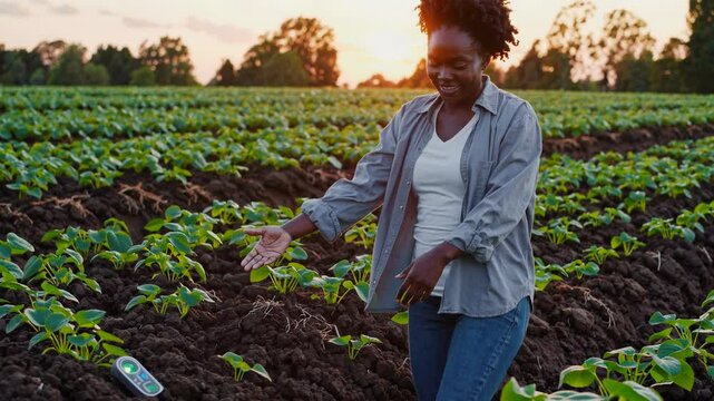 Happy farmer showing growing crops in field at sunset