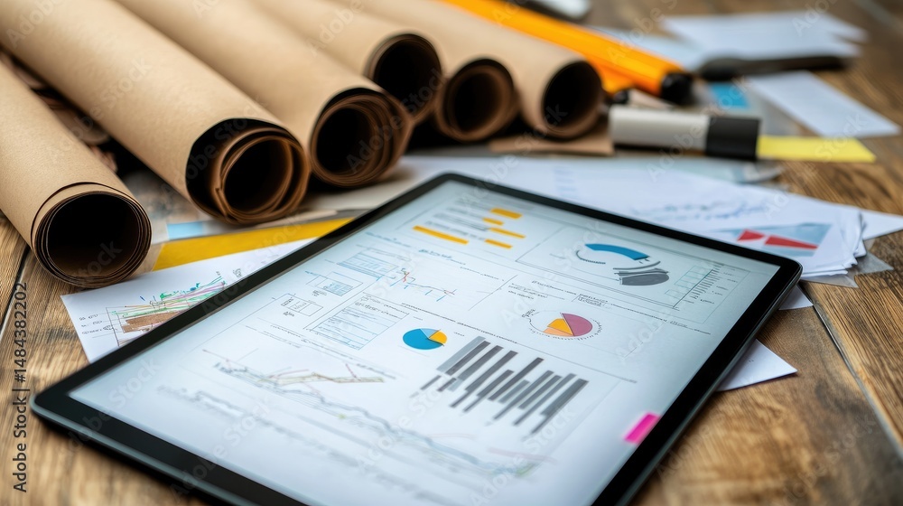 Poster rolled site diagrams with digital project tracking tablet and energy efficiency rating sheet
