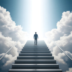 A person climbing stairs toward a bright light in the sky, symbolizing success and motivation. The steps are large and clean, with a minimal futuristic design. The background is filled with soft light