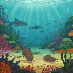 Fototapeta premium Underwater Scene with Trilobites Sharks and Coral Reef Illustration