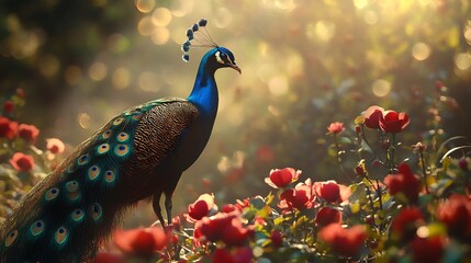 Majestic Peacock Amidst Sunlit Red Roses: A Serene Garden Scene