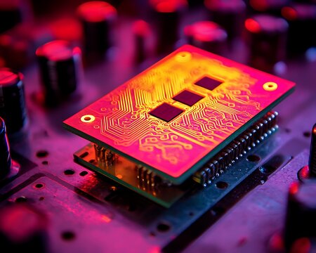 Circuit board with processor, close-up
