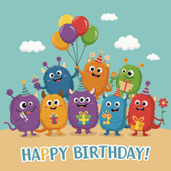 Naklejka premium A cute birthday illustration with cats and a birthday cake, complete with lit candles and festive decorations.