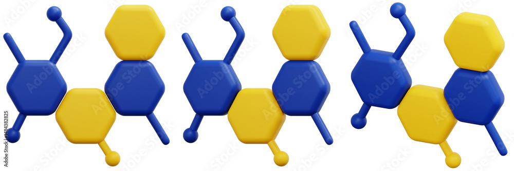 Poster set of hexagonal molecular structure with blue and yellow components 3d render icon illustration