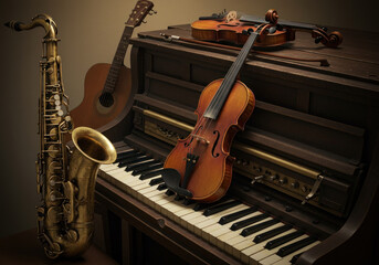 Violin and saxophone rest atop piano keys.