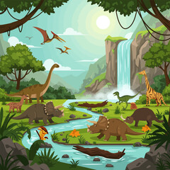 Obraz premium Dinosaur Illustration with Waterfall and River in a Prehistoric Landscape