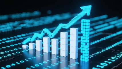 Tech-Driven Financial Growth: 3D Render with Data Pixels and Upward Arrow