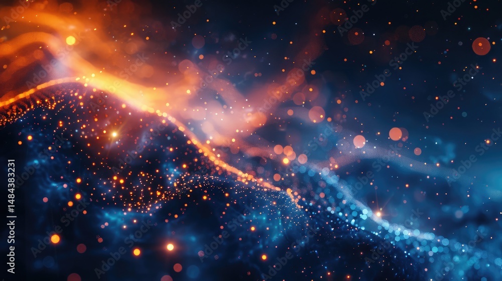 Poster abstract picture micro light sparkling particle represent data flow vivid flowing wave with high tec