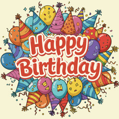 Fototapeta premium A cute birthday illustration with cats and a birthday cake, complete with lit candles and festive decorations.