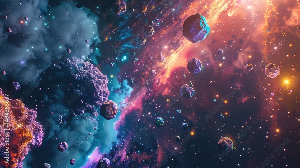 Poster abstract colorful meteorites with a glowing nebula background. abstract image of stone floating in t