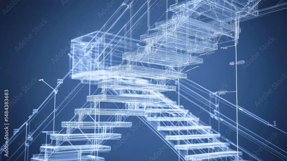 Poster sectional blueprint of staircase showing load paths, treads, and structural anchoring