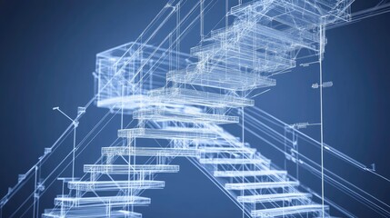 Sectional blueprint of staircase showing load paths, treads, and structural anchoring