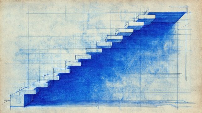 Sectional blueprint of staircase showing load paths, treads, and structural anchoring