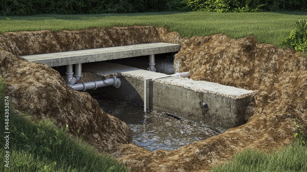 Poster sewer system cross-section illustration with pipe dimensions and flow direction