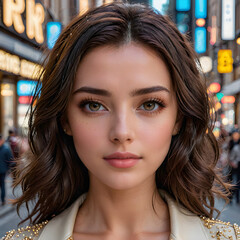  a person with wavy, dark hair standing on a street with buildings and signs in the background. 