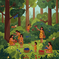 Obraz premium Gathering Berries in the Forest Illustration with People and Animals