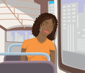 Graphic style art of woman on city bus.