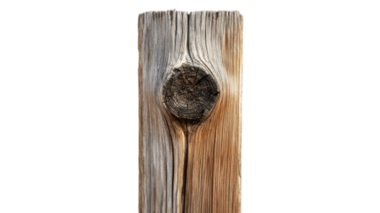 Textured wooden post with vertical grain isolated on white background