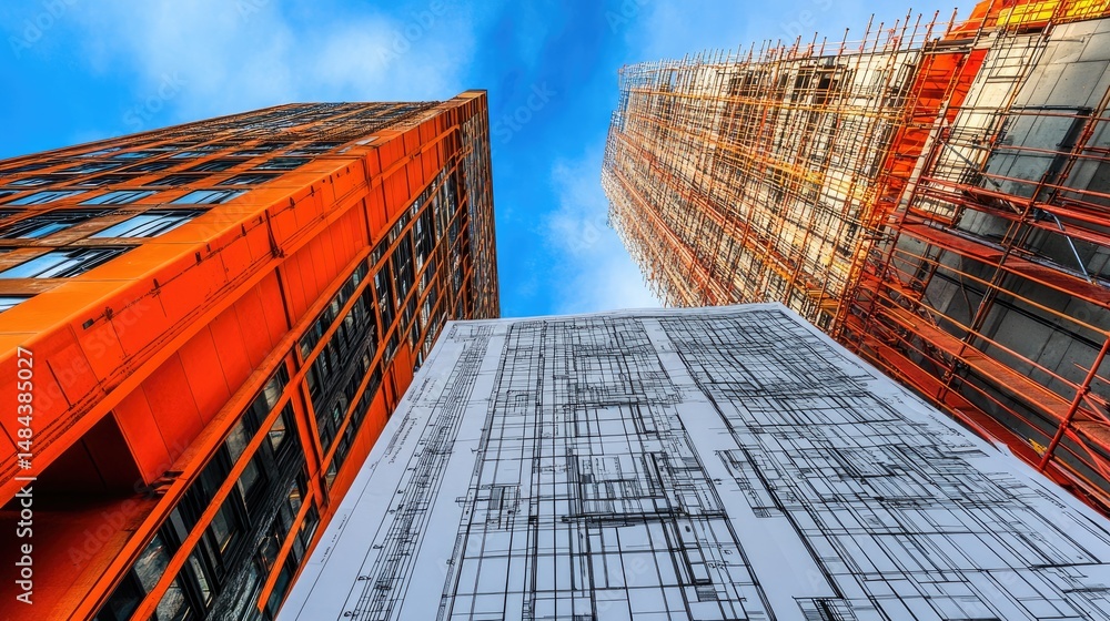Aufkleber skyscraper under construction with a zoomed view of floor plans displayed on a scaffold table