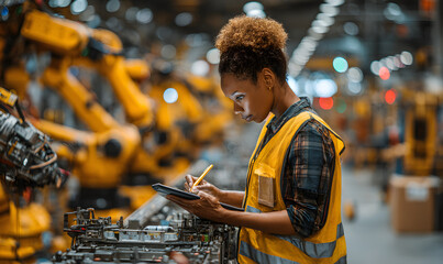 The female safety officer is operating the automated robots in the factory to achieve the best working condition. Business, advertising, sustainable development, wallpaper, background, base image